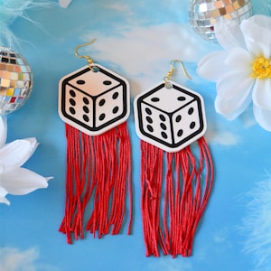Acrylic Hot Jumbo Dice Fringe Feeling Lucky Gambling Vegas Lady Luck Good Luck Charm Statement Earrings