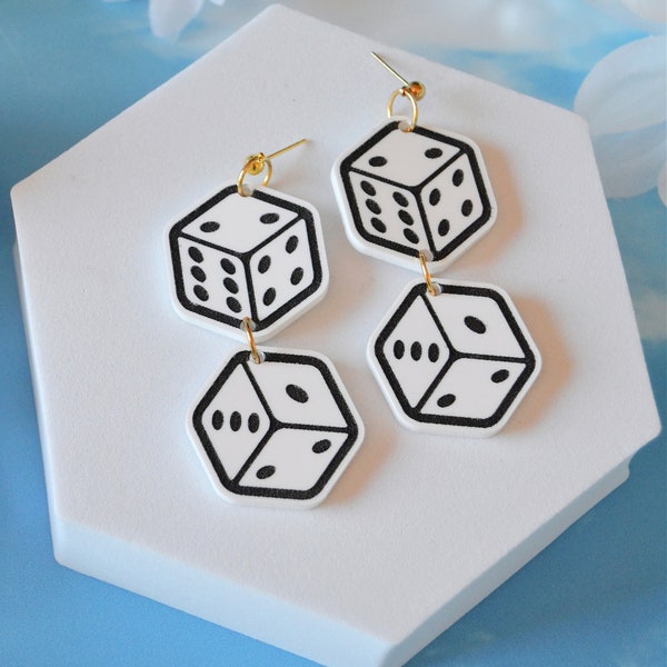 Acrylic Dice Roll the Dice Lucky Unlucky Gambling Lady Luck Vegas Tattoo-Style Statement Earrings