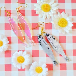 Acrylic Sardine Anchovy Little Fish Italian Summer Foodie Iridescent Glitter Statement Earrings