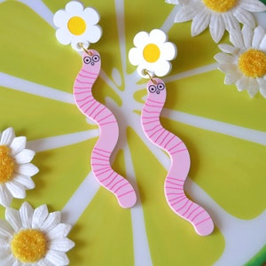 Acrylic Worm Worms Bug Garden Springtime Worm Girl Daisy Kawaii Statement Earrings