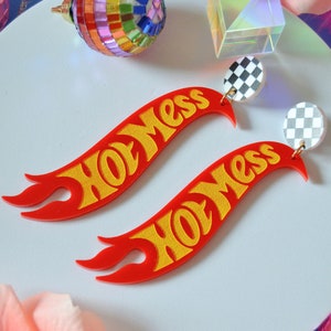 Acrylic Hot Mess Flame 90s Toy Car Parody Funny Baddie Checkered Flaming Hottie Statement Earrings