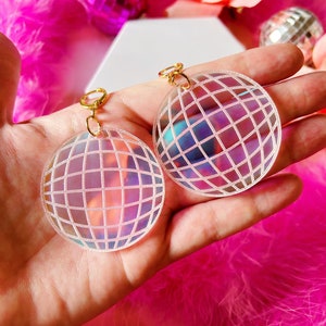 Acrylic Rainbow Prism Iridescent Disco Ball Fever 70s Statement Earrings