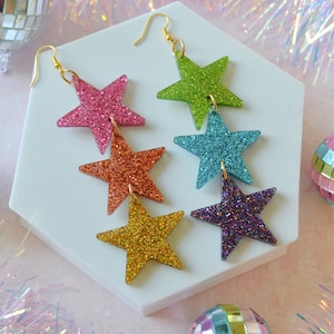 Acrylic Rainbow Star Holographic Glitter Bejeweled Shine Dancing Queen Disco Statement Earrings