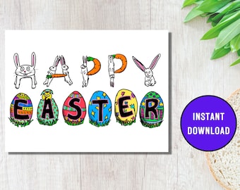 PRINTABLE Easter card | Happy Easter Bunny card | Cute Easter Card | Easter Eggs | 5x7, 7x5