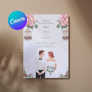Pode incluir: Convite de casamento com uma ilustração em aquarela de um casal, detalhes florais e o texto "Welcome to Our Wedding". O convite inclui os nomes "Anna e David" e a data e hora do casamento.