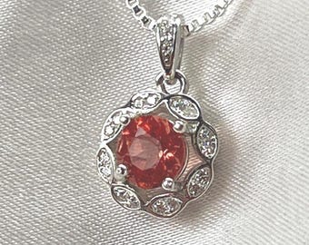 Natural Red/Orange .75ct 6mm Round Andesine Labradorite Gemstone Pendant/Necklace Sterling Silver Moissanite.