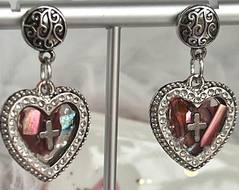 Hypoallergenic Antique Silver Heart Dangle Earrings: Pink-"Stained Glass" Effect, Cross, Religious Jewelry.