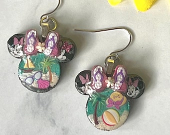 Minnie Mouse Beach Earrings, Hand Painted Flip Flop Bows, Sailboat Palm Trees