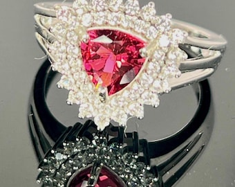 Rare 1.00ct Rubellite Tourmaline Ring, Raspberry Red Gemstone, Double Halo Natural Zircon, Sterling Silver