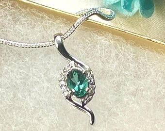 Rare Indicolite Tourmaline Sterling Silver Necklace .65ct Blue Green Teal Gem Zircon Halo