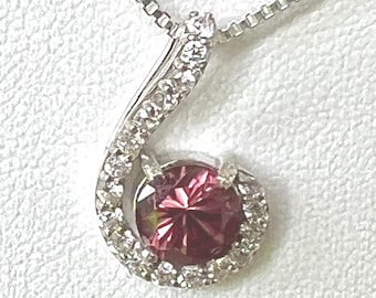 Sterling Silver Diamond Cut 1.75ct 7mm Blush Pink Zircon Necklace Pendant Swirling Zircon Halo