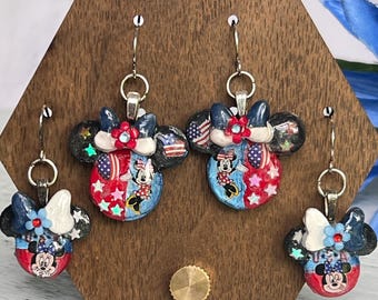 Minnie Mouse 4th of July silver choice of medium or small Disney holiday fashion Independence Day earrings.