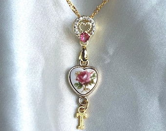 Personalized Rose Heart Necklace Earring Set: Antique Gold, Rhinestones, Antique Hearts, Initials