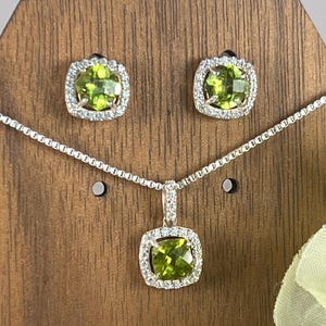Natural Peridot Jewelry Set: Sterling Silver Pendant And Studs, Zircon Halo.