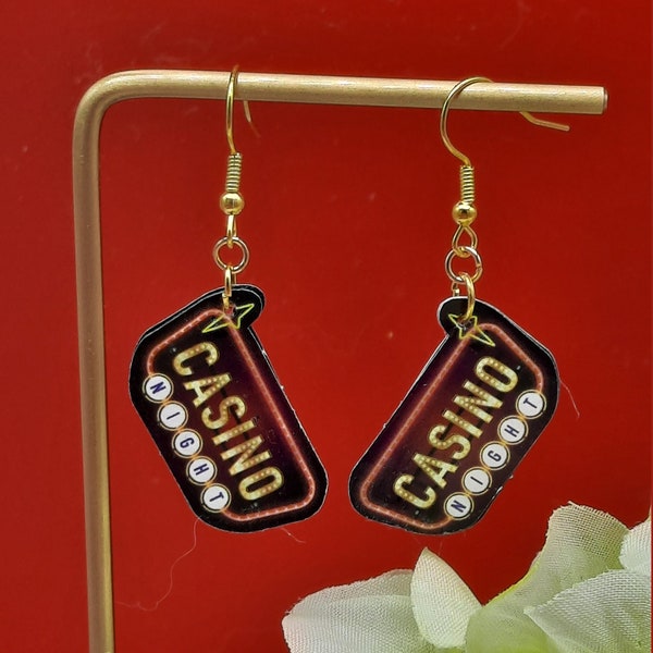 Casino night! Cute "casino night" sign earrings in gold findings, cardstock, girl's night out at the casino, slots, poker, blackjack, games