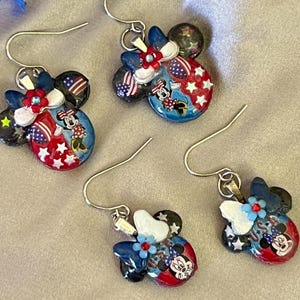 Minnie Mouse 4th of July silver choice of medium or small Disney holiday fashion Independence Day earrings. Both Set