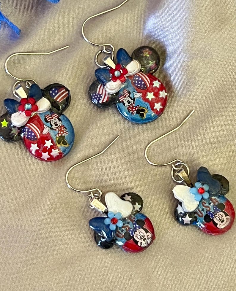 Minnie Mouse 4th of July silver choice of medium or small Disney holiday fashion Independence Day earrings. Both Set