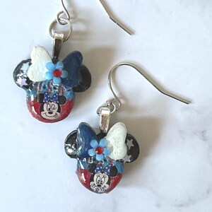 Minnie Mouse 4th of July silver choice of medium or small Disney holiday fashion Independence Day earrings. Small Only