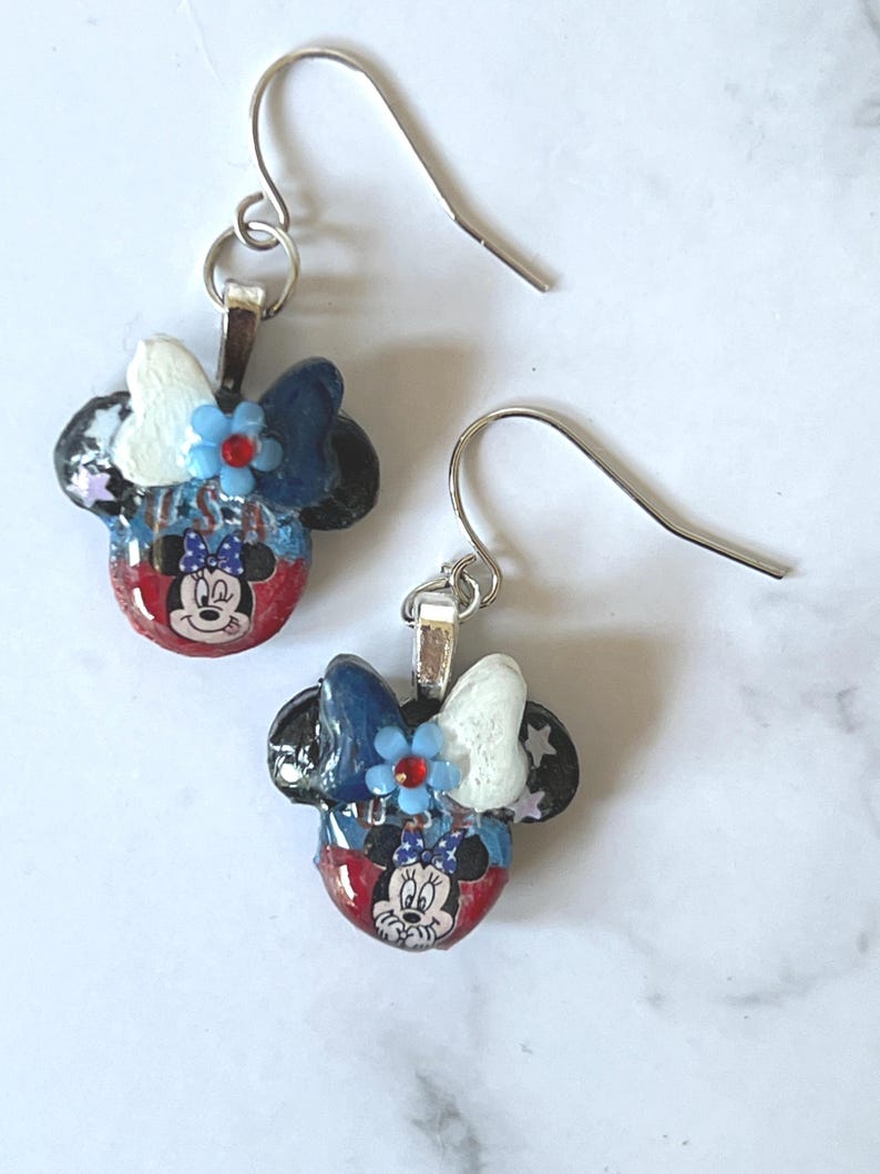 Minnie Mouse 4th of July silver choice of medium or small Disney holiday fashion Independence Day earrings. Small Only