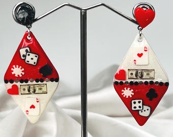 Casino Jewelry: Fun Silver Hypoallergenic Poker, Ace of Hearts, Spades, Dice Earrings.