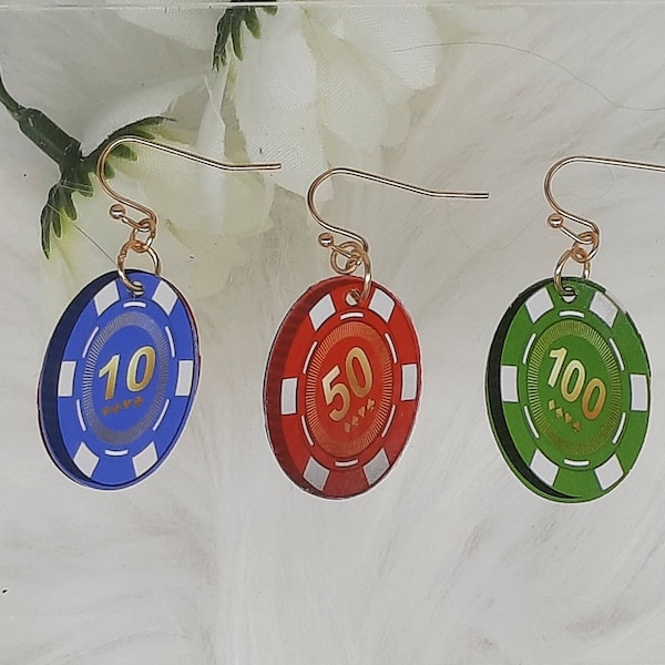 Feel lucky? Fun & whimsical "poker chip" earrings! Choose Blue 10, Red 50, or Green 100 poker chip earrings for your next casino night out!
