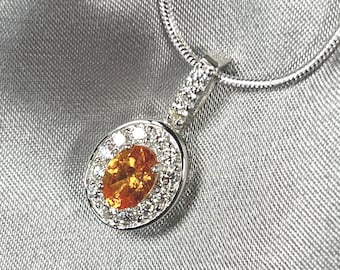 Radiant Sterling Silver Spessartite Garnet Oval Pendant Necklace with Moissanite Halo