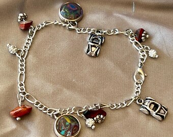 Cadillac Ranch Fordite Charm Bracelet: Sterling Silver Hypoallergenic Car, Rhinestones, Beads Charms.