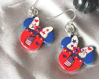 Patriotic Minnie Mouse/Mickey Mouse Earrings, Hypoallergenic Silver, USA Flag Stars, Butterfly Flags