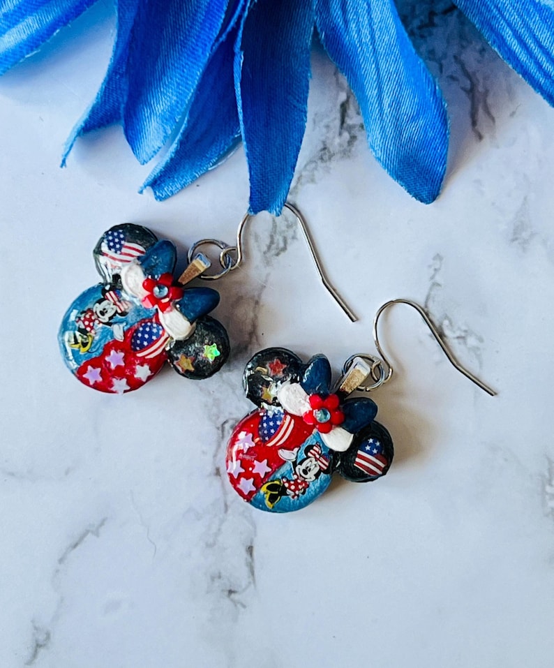 Minnie Mouse 4th of July silver choice of medium or small Disney holiday fashion Independence Day earrings. Medium Only