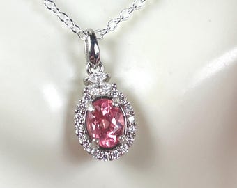 Genuine 1.00 carat Pink Spinel Sterling Silver Necklace, Moissanite Halo Pendant, 16" Chain.
