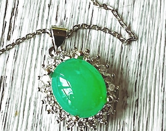 Apple Green Australian Jade Pendant Necklace, Sterling Silver Natural Zircon Halo Chain (18 inch)