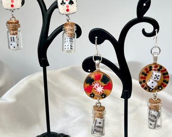 Casino Earrings: Silver Hypoallergenic Poker Roulette, Dice, Playing Cards, Suits, Cash Jewelry
