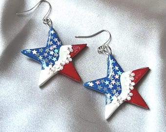 U.S.A. 4th Of July Stars & Stripes Silver Star Earrings, Independence Day, Memorial Day Jewelry.