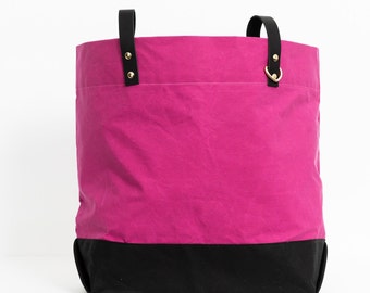 Magenta & Black Casual Waxed Canvas Tote Bag with black leather straps