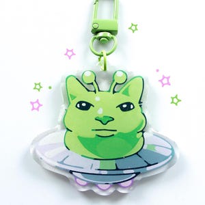 UFO Alien Cat Acrylic Glitter Charm Keychain | 2.5 Inches, Double-Sided Print