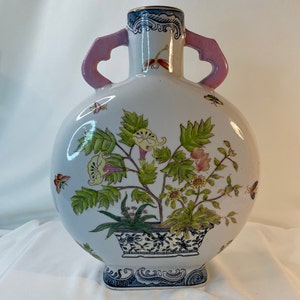 Large Porcelain Chinese Moon Flask Vase Butterfly Dragonfly, Hand Painted