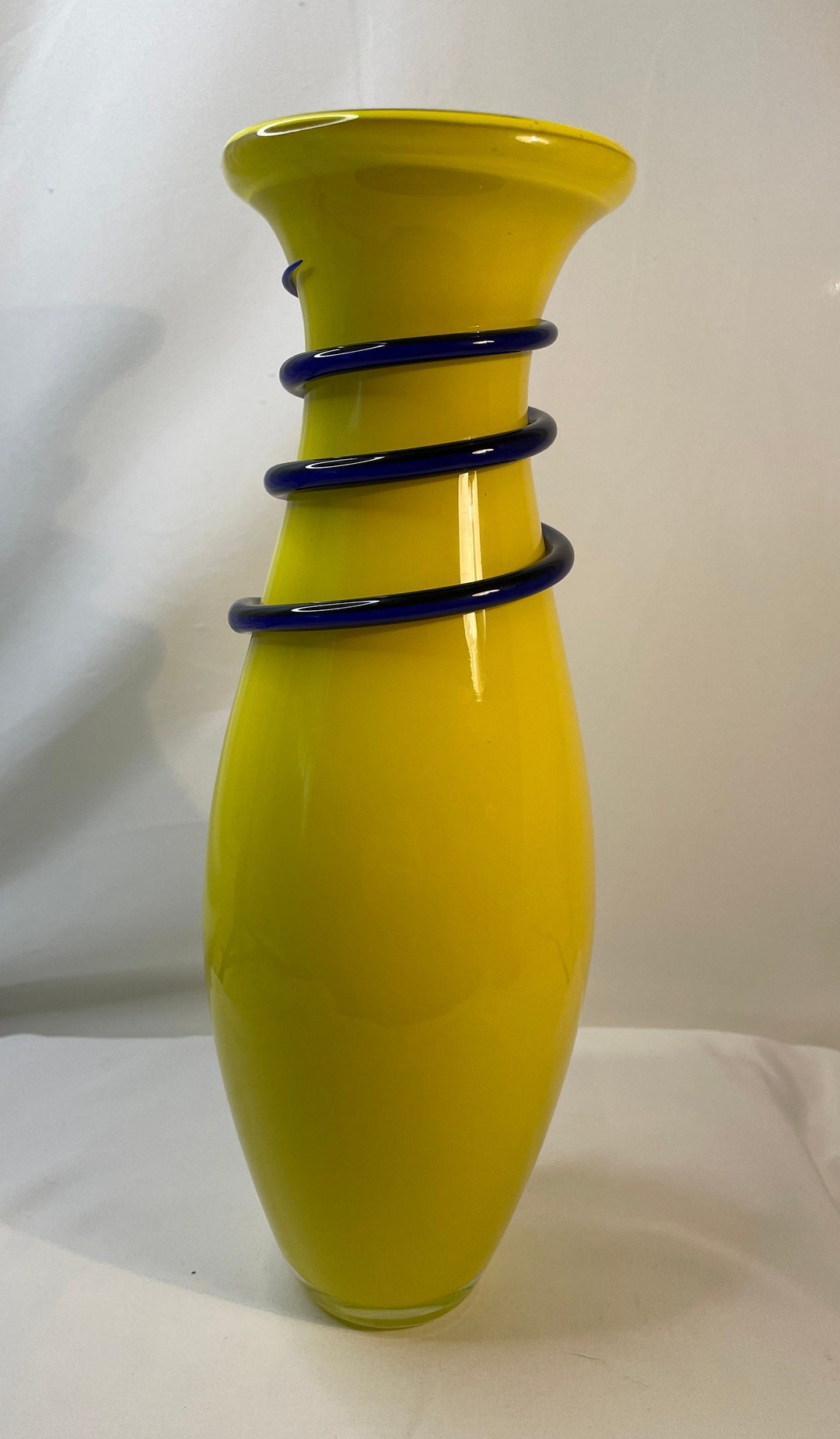 Yellow Handblown Glass Vase With Cobalt Blue Stripe Etsy