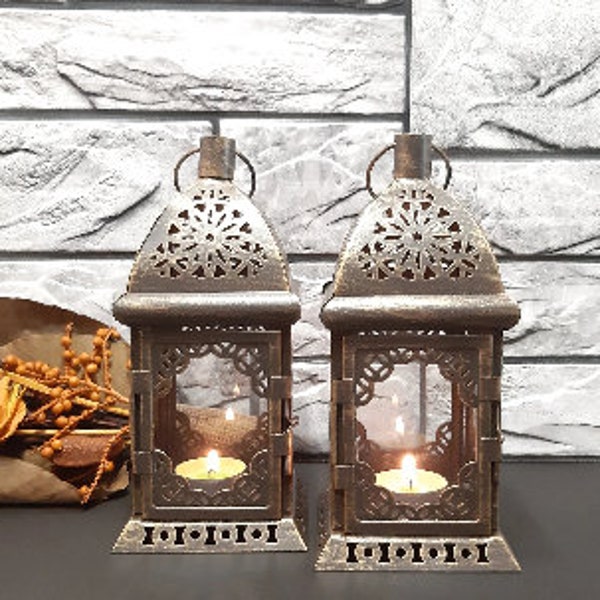 Set of 2 Bronze Moroccan Lanterns, Wedding Decor, Vintage Lantern Decoration, Table Centerpiece
