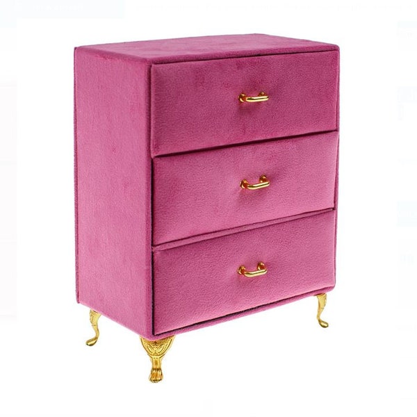 Jewelry Organizer with 3 Drawers, Fuchsia Velvet Jewelry Box, Girls Room Décor, Gift For Her