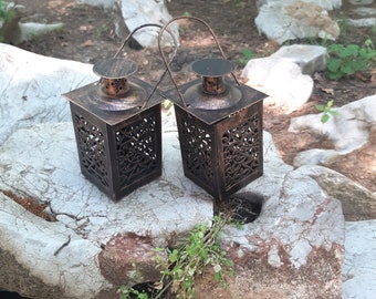 Set of Two Bronze Metal Lanterns, Table Centerpiece, Antique Lantern Decoration, Vintage Home Decor