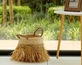 Knitted Beige Basket with Straw and Handles, Balcony Decor