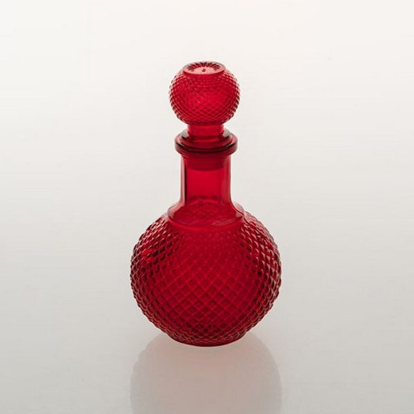Red Glass Round Bottle, Decanter, Vintage Carafe, Bar Decor