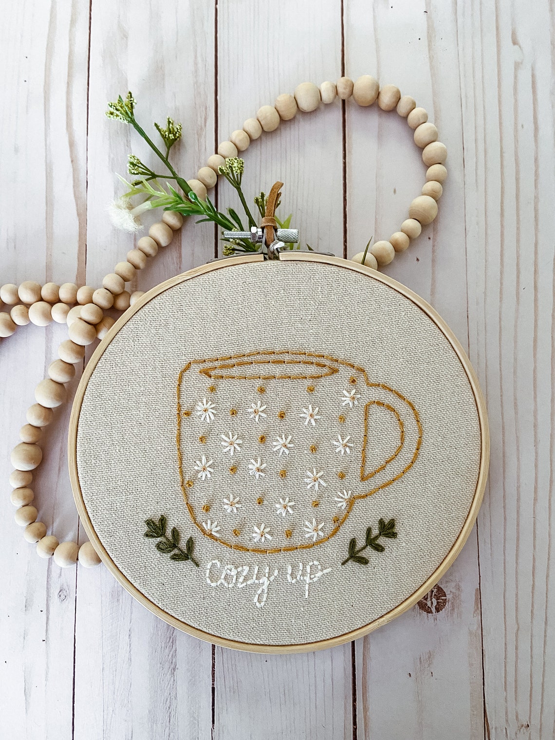 7 inch embroidered hoop art coffee mug Cozy Up Etsy