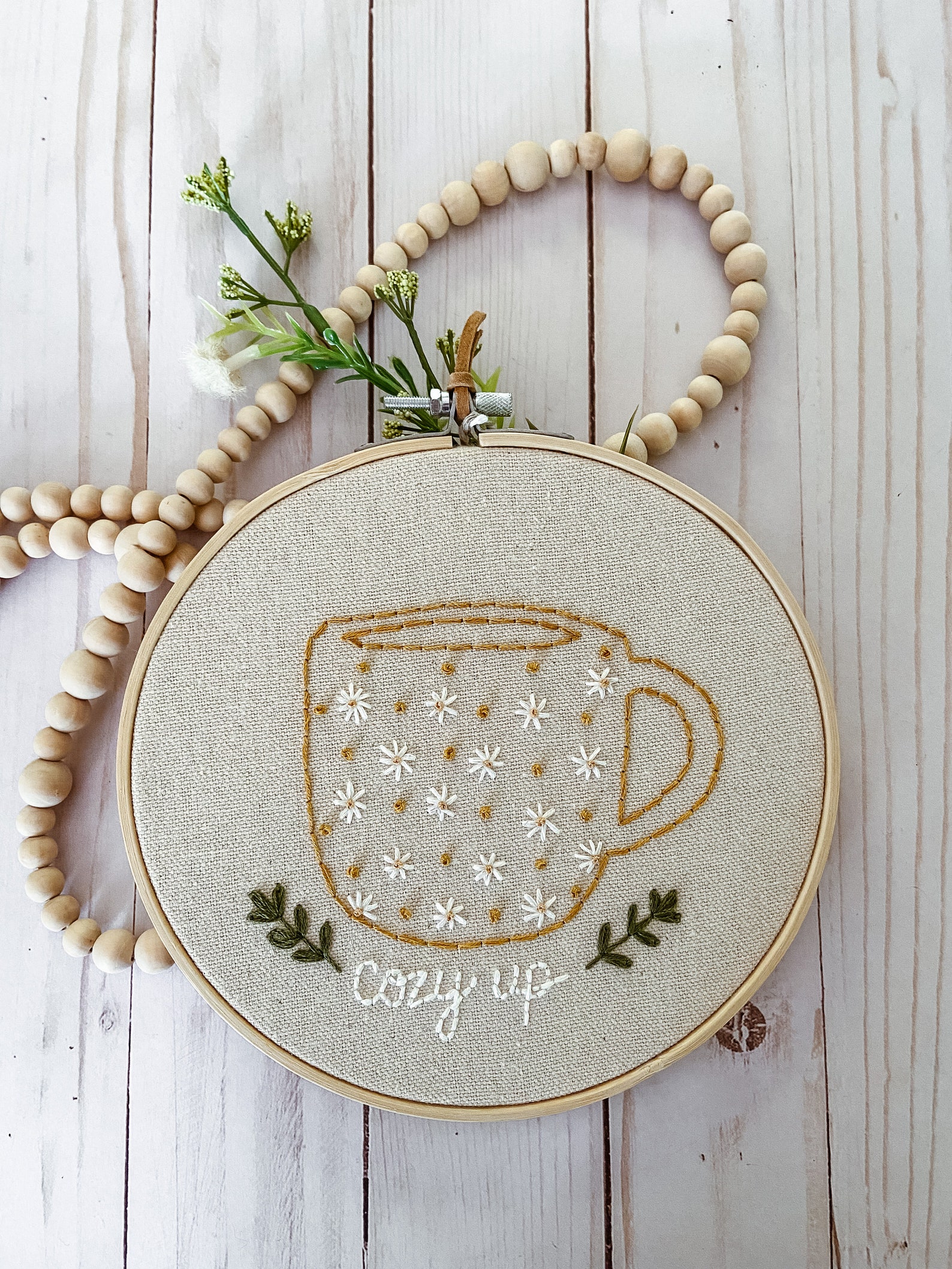 7 inch embroidered hoop art coffee mug Cozy Up Etsy