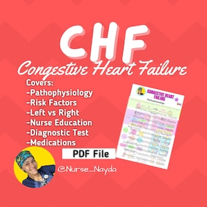 May include: A pink and white graphic with the text "CHF Congestive Heart Failure" in large, bold, white letters. The graphic also includes a list of topics covered in the document, including pathophysiology, risk factors, left vs right, nurse education, diagnostic test, and medications. The graphic also includes a smaller graphic with the text "CONGESTIVE HEART FAILURE Pathophysiology" and a list of social media handles for @Nurse_Nayda. The graphic also includes the text "PDF File" and the social media handle @Nurse_Nayda.
