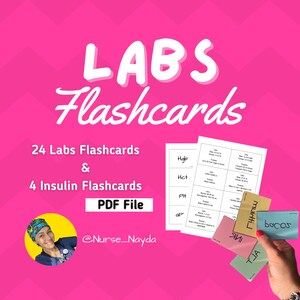 Può includere: Uno sfondo rosa con il testo "LABS Flashcards" in bianco. Sotto il testo c'è un rettangolo bianco con il testo "24 Labs Flashcards & 4 Insulin Flashcards PDF File" in nero. Sotto il rettangolo c'è un'immagine di una donna che indossa una camice blu e uno stetoscopio. Il testo "@Nurse_Nayda" è sotto l'immagine. Ci sono due fogli di carta bianchi con il testo "Hgb", "Hct", "Pit" e "ap" in nero. Una mano tiene un mucchio di note adesive con il testo "muidtil", "TJA" e "bacos" in nero.
