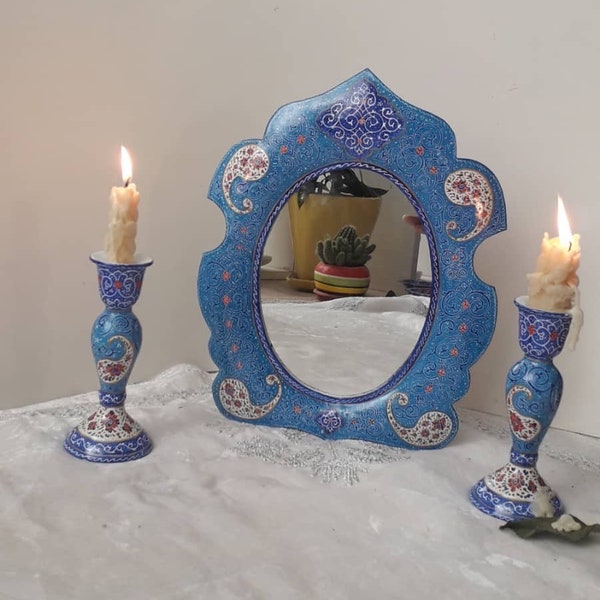 Mirror, Decorative, minakari, Haftsin, Enamel, , Handcrafted, Haftseen,candlesticks& mirror, Persian New Years, Noroz. Nowruz, هفتسین