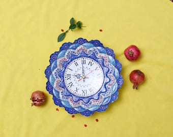 Persian Enamel Wall Clock, Handmade Copper Clock, Blue Floral Wall Decor, Traditional Persian Art, Unique Housewarming Gift