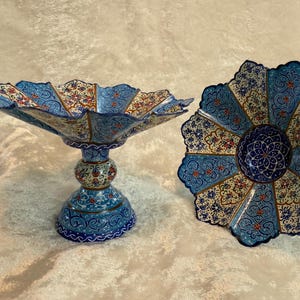 Mina Bowl , Enamel, Enamelling, miniature, Mina, Minakari , decore, on table, Haftsin sets, Haftseen Norooz, Persian Art. 6 Bowls .