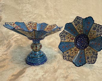 Mina Bowl , Enamel, Enamelling, miniature, Mina, Minakari , decore, on table, Haftsin sets, Haftseen Norooz, Persian Art. 6 Bowls .